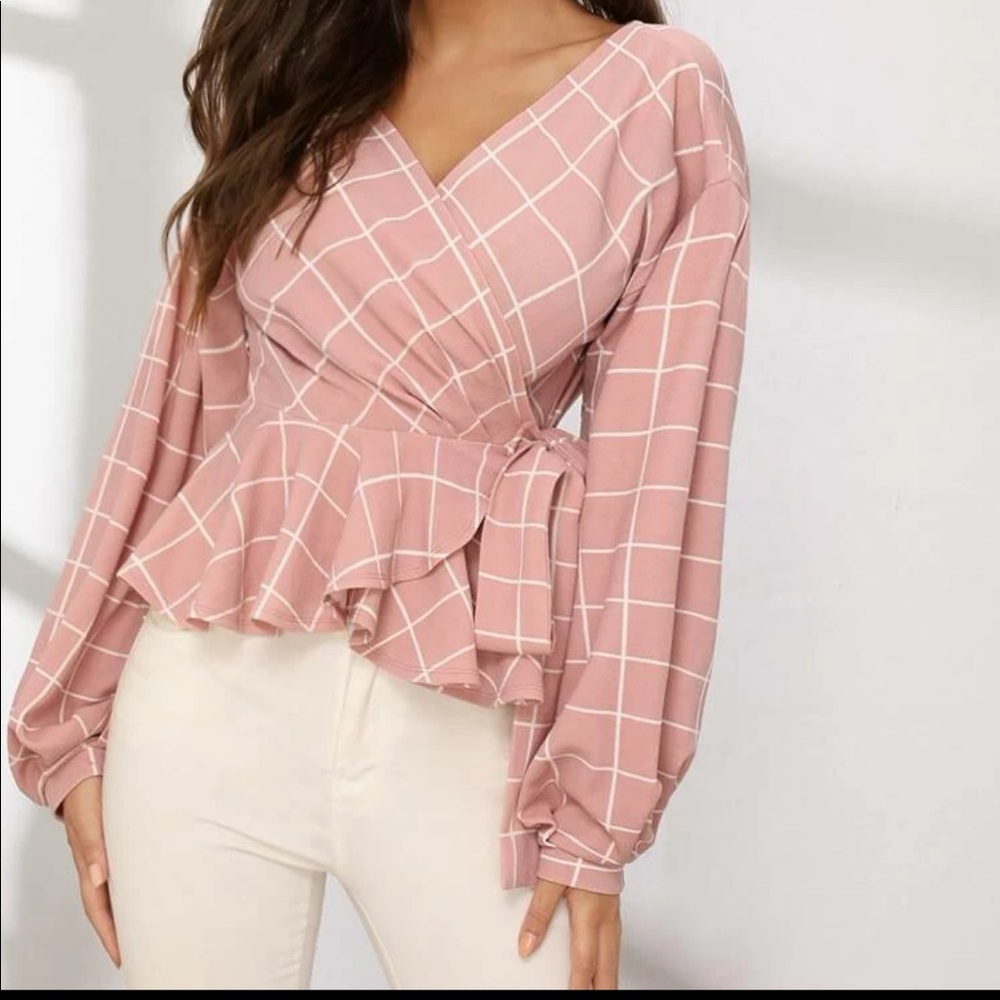 Lantern sleeve wrap belt peplum grid
